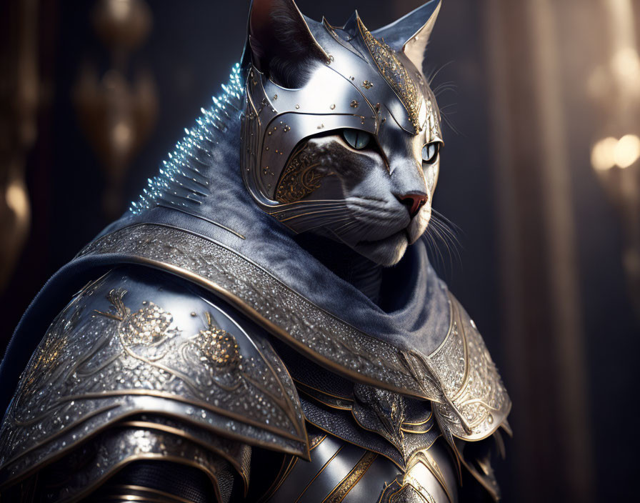 Regal cat in medieval armor against soft background