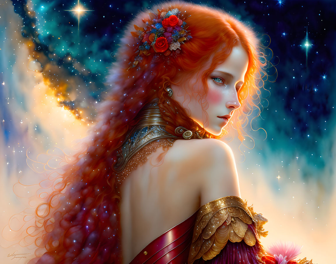 Woman with red hair and flowers gazing at stars