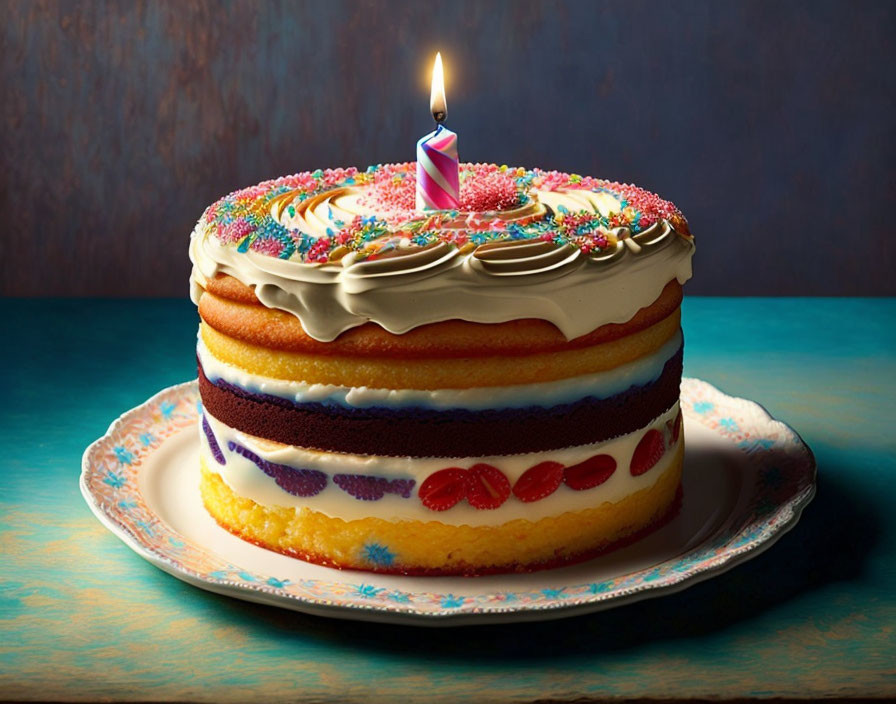 Colorful Layered Birthday Cake with Lit Candle and Sprinkles