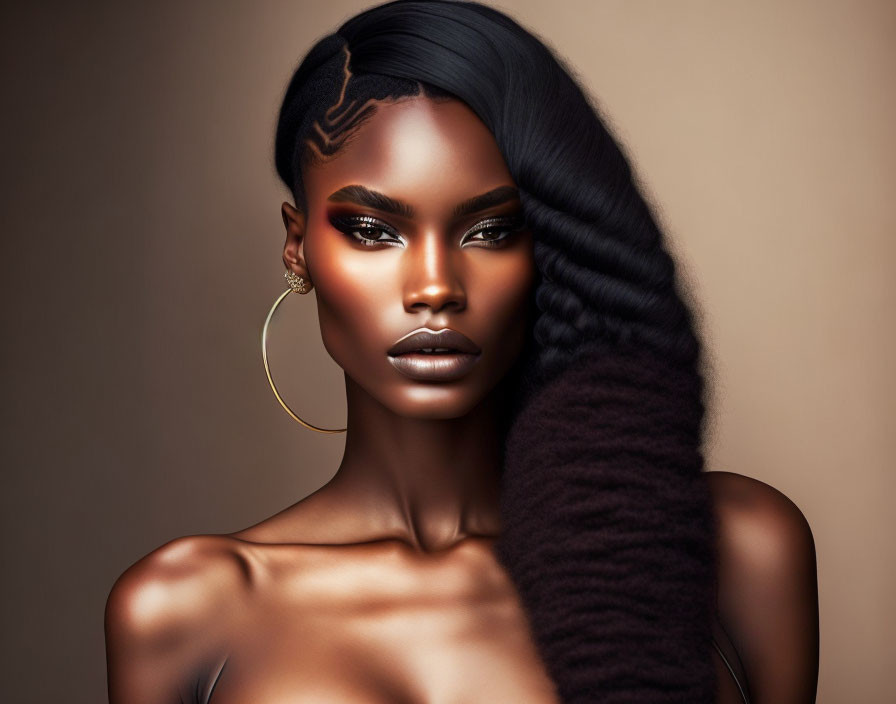 Portrait of woman with striking makeup, intricate hairstyle, and large hoop earring on warm-toned background