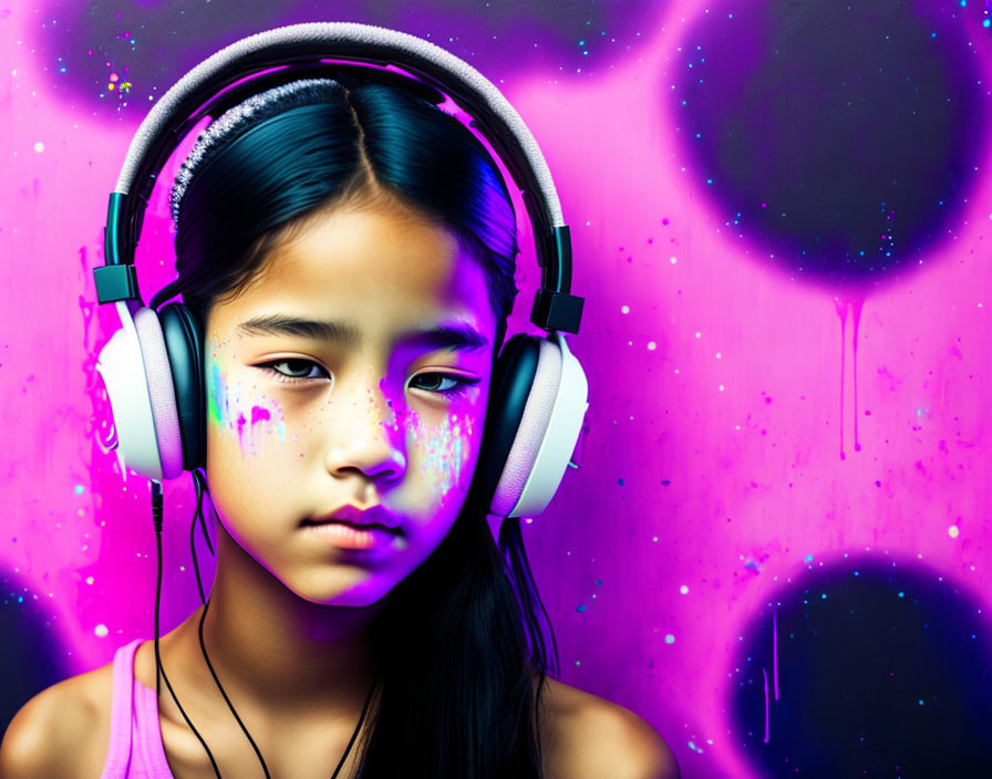 Girl with headphones on vibrant purple and pink background.