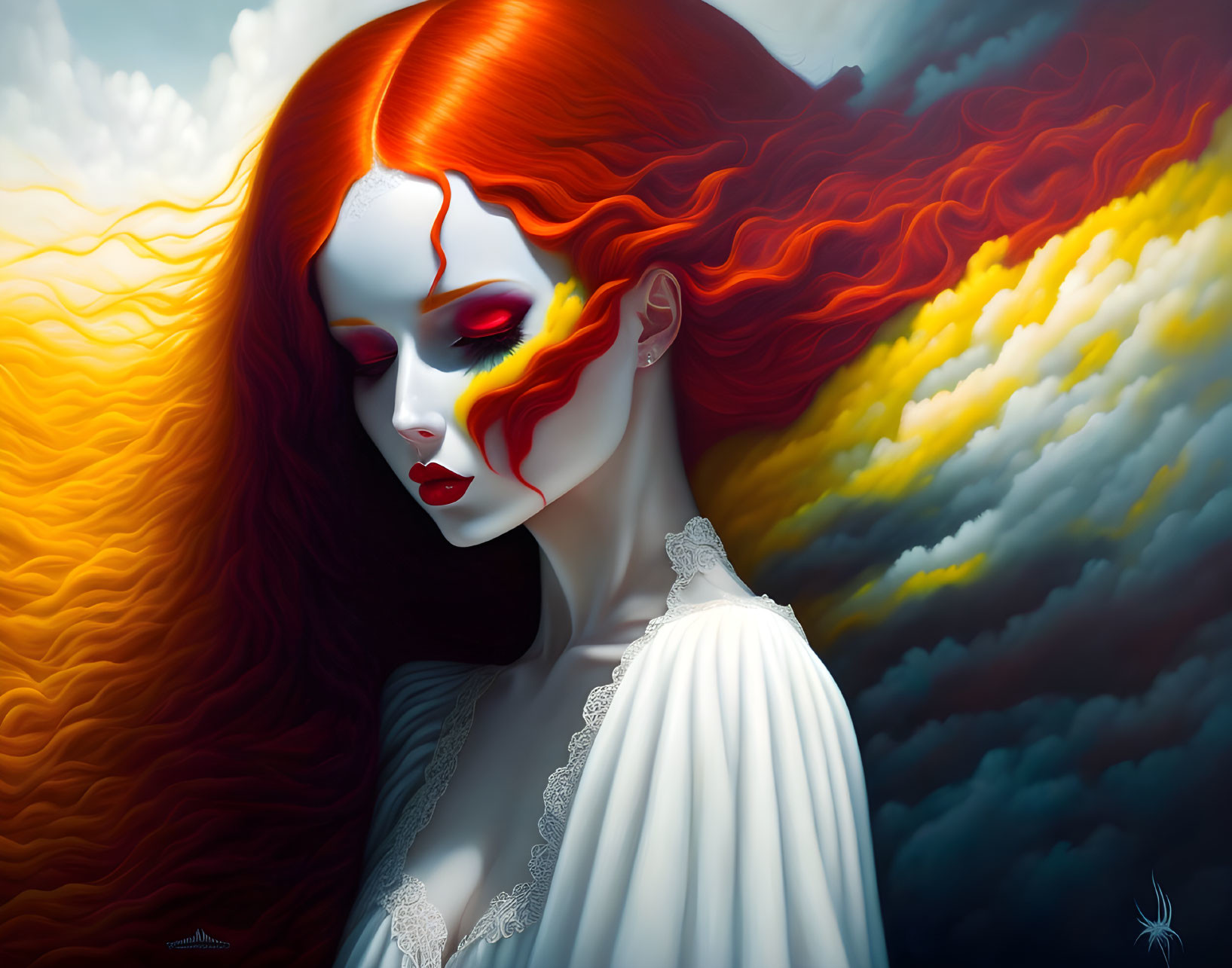 Surreal portrait of woman with flowing red hair and makeup under dramatic sky