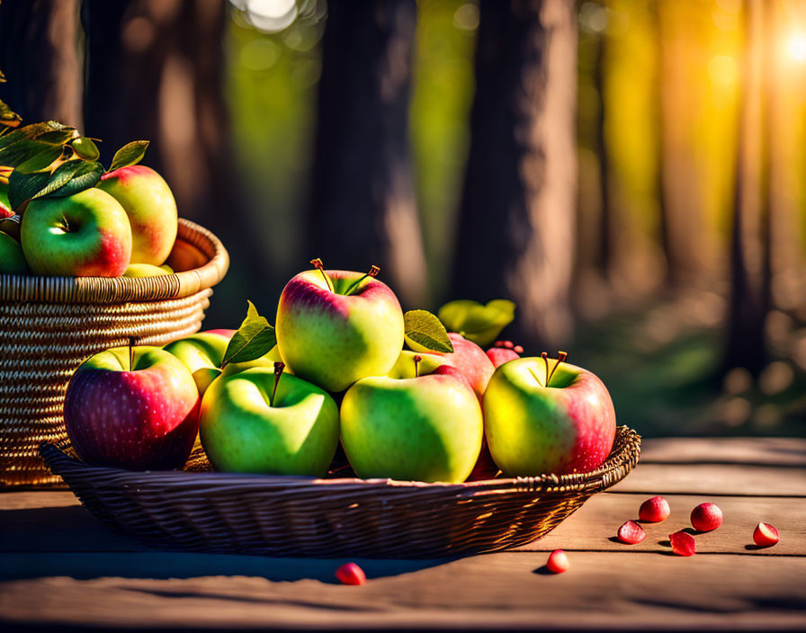 Fresh Apples in Sunlit Forest Setting