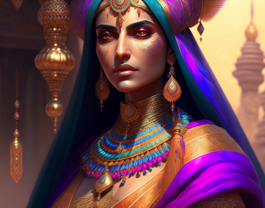 Traditional Indian Attire Illustration with Luxurious Jewelry