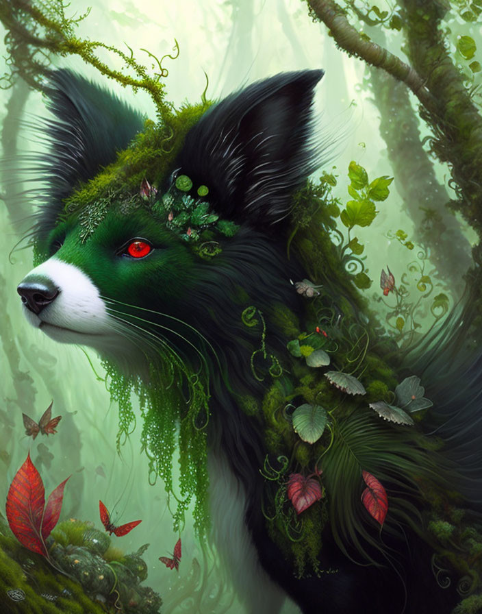 Fox illustration with lush greenery on fur in ethereal forest