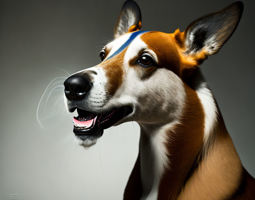 Tan and White Dog Close-Up Portrait with Perked Ears and Black Nose on Gray Background