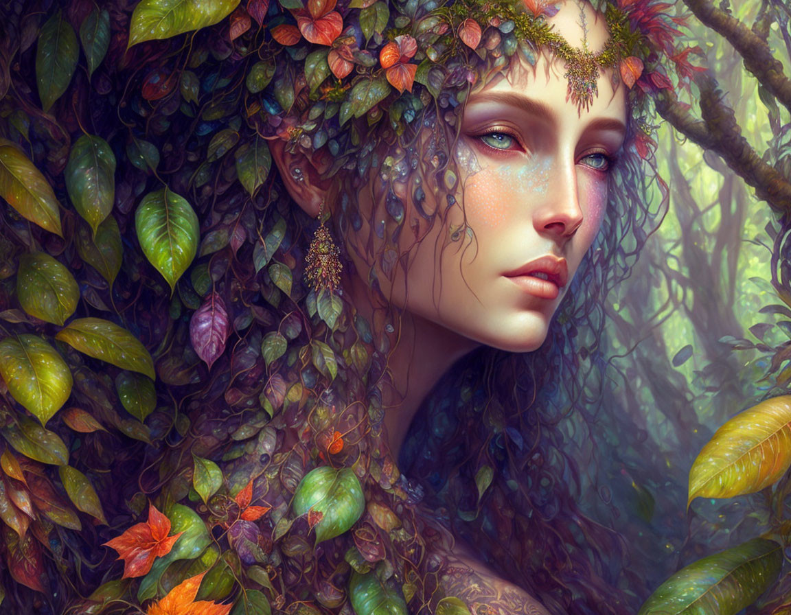 Mystical woman with plant-like features in verdant foliage