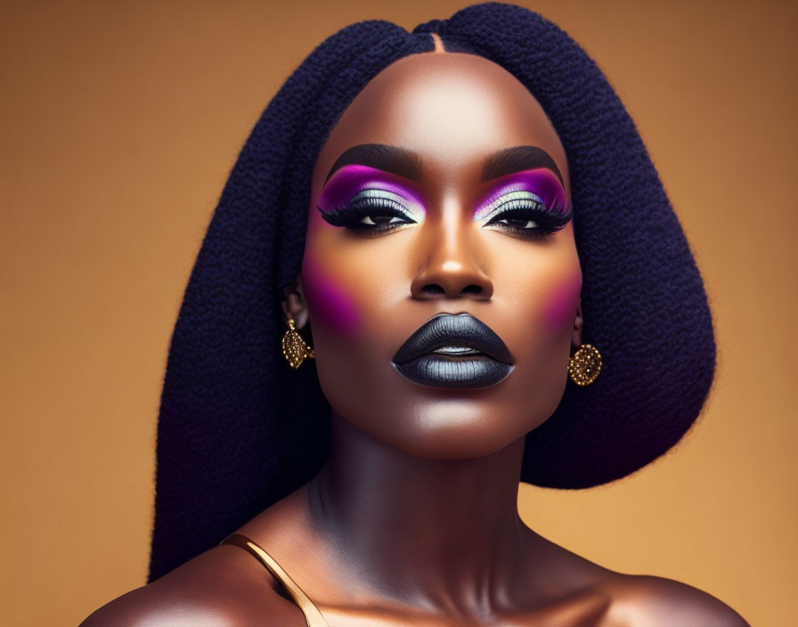 Woman with Purple Eyeshadow and Black Lipstick on Warm Background