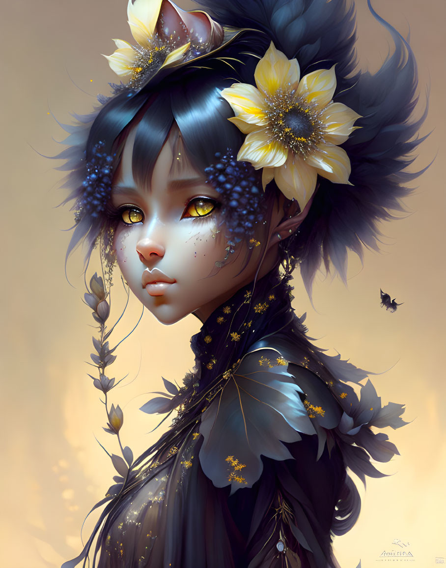 Illustrated character with yellow eyes and floral adornments.