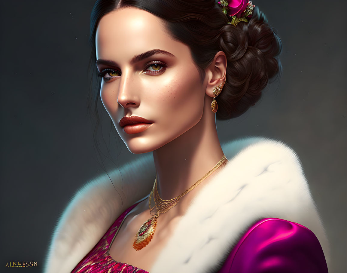 Vintage-inspired digital portrait of a woman in elegant attire with fur shawl and gold jewelry.