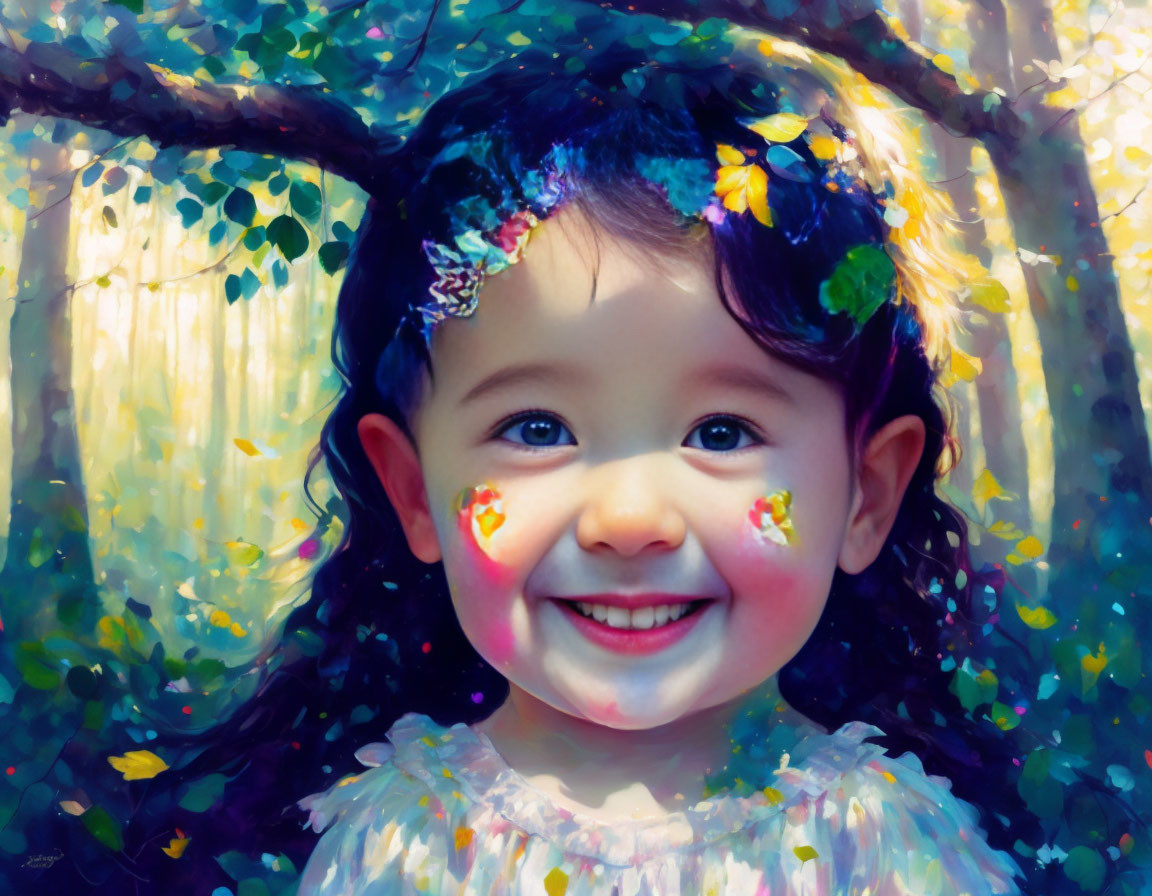 Young girl with paint on face in colorful forest setting