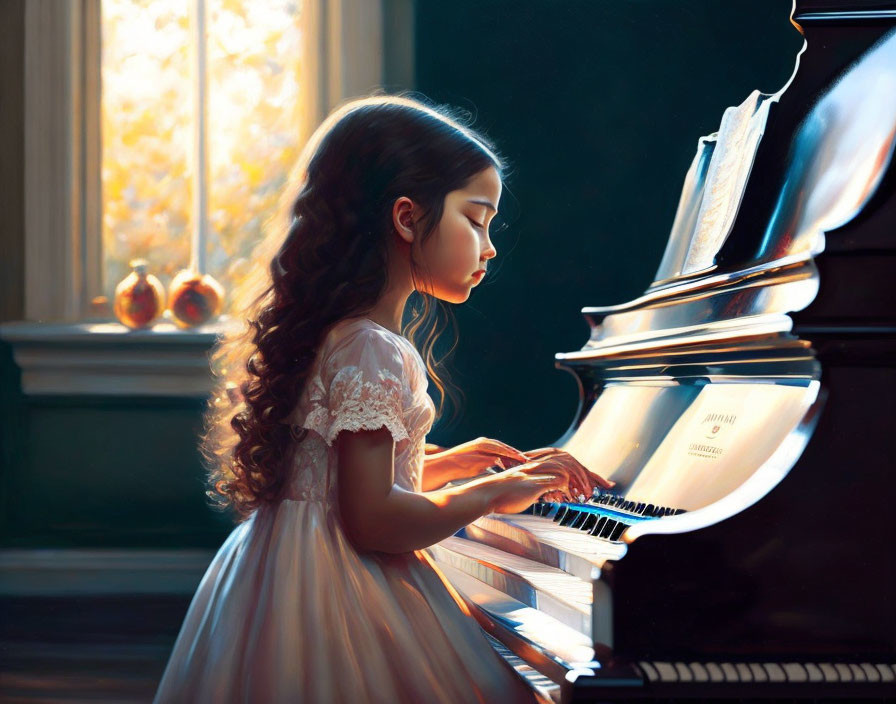 Young girl in white dress playing piano in sunlight-filled room