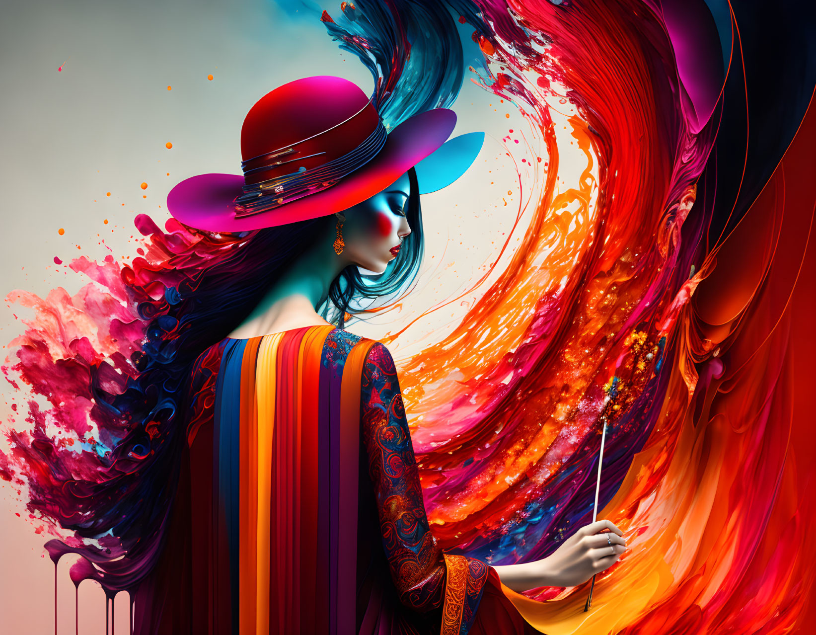 Colorful abstract painting of a woman with a hat and brush