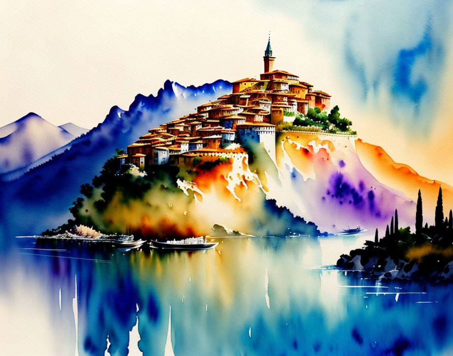 Vibrant watercolor painting: lakeside village, boats, hilltop building, sunset