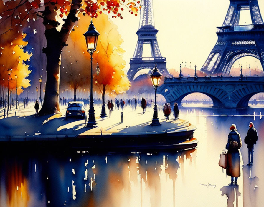 Romantic Parisian Scene Watercolor Painting with Eiffel Tower