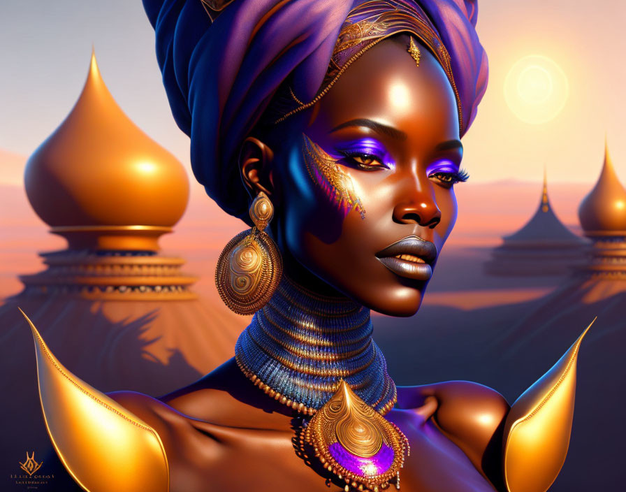 Digital artwork: Woman with dark skin, golden jewelry, blue headwear, against golden domes at