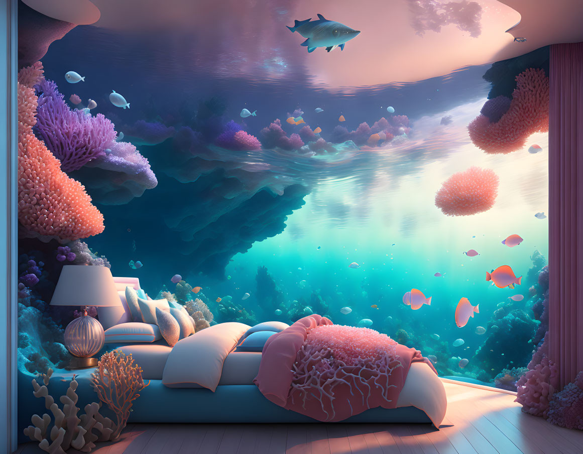 Tranquil Underwater-Themed Bedroom with Wall-Sized Aquarium View