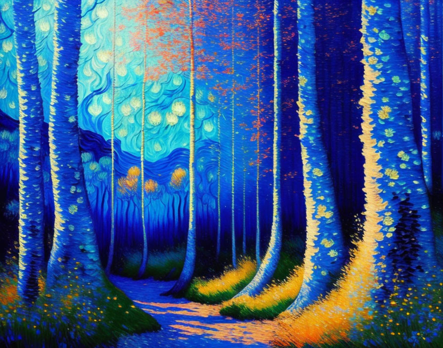 Colorful painting of a whimsical blue forest with swirling trees and yellow spots