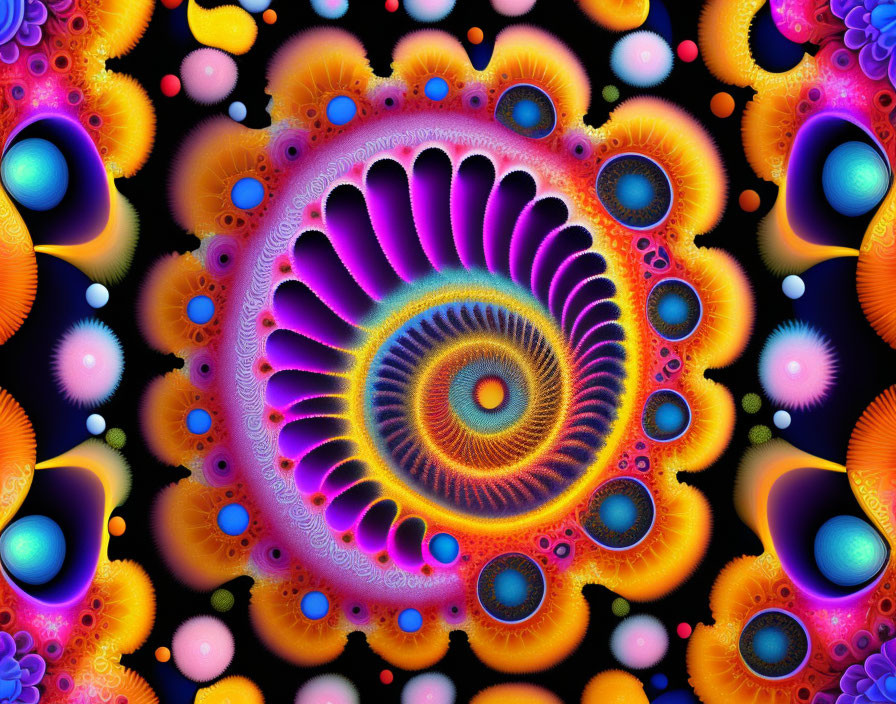 Colorful Fractal Design with Central Spiral Pattern on Dark Background