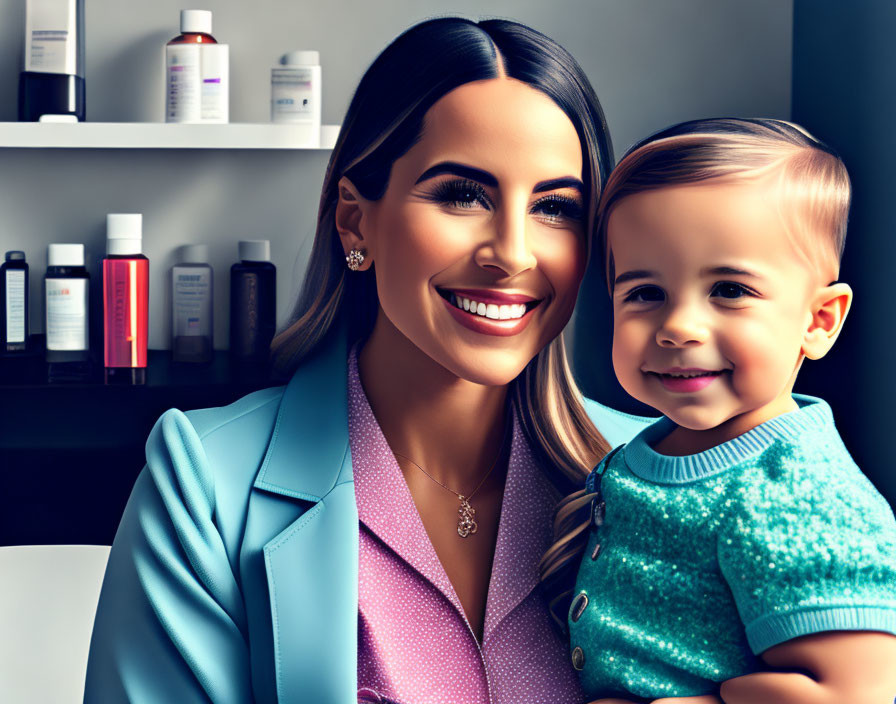 Smiling woman with toddler and skincare products on shelf