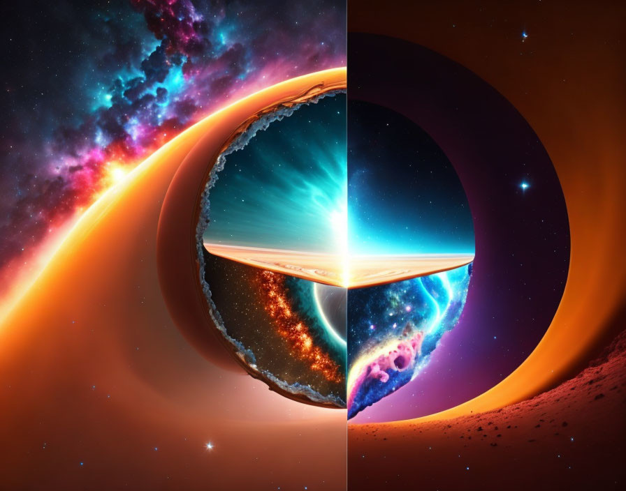 Surreal artwork: Planet split in light & darkness against cosmic space