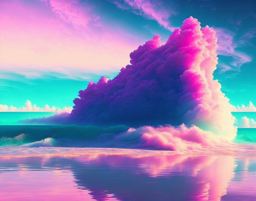 Vibrant pink cloud formation over tranquil water in surreal image