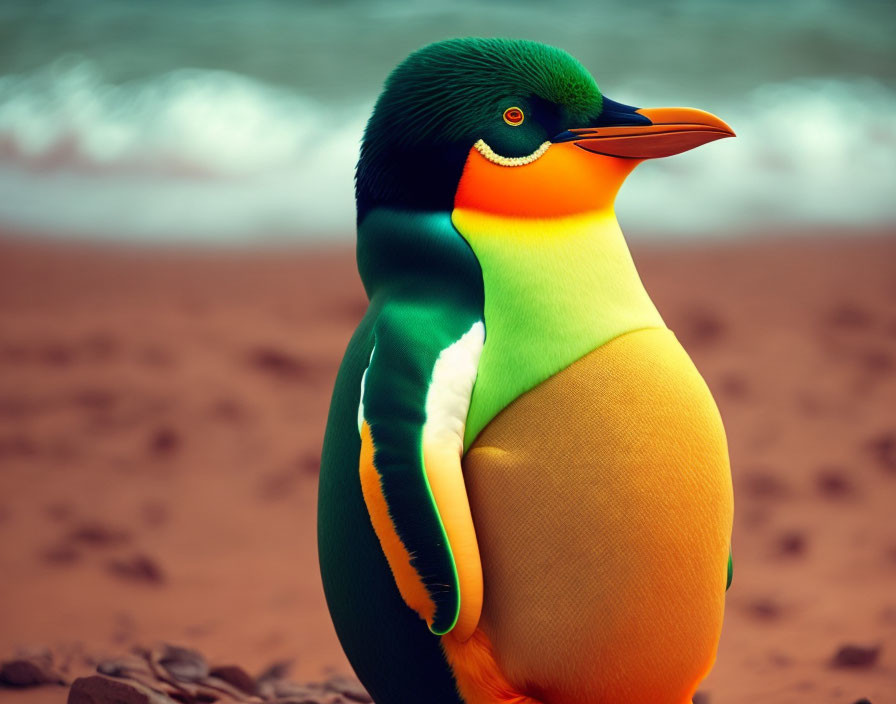 Colorful Penguin Standing on Beach with Waves