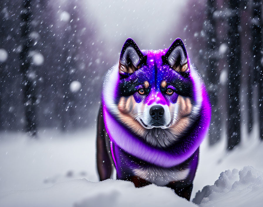 Shiny Purple and Blue Overlay on Dog's Face in Snow