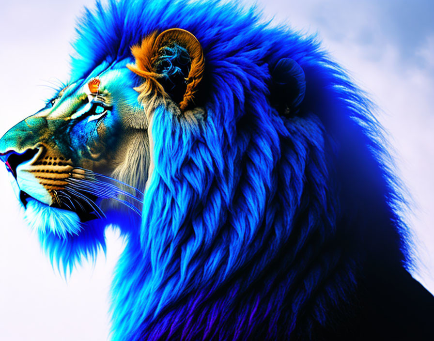 Vibrant digital artwork of a lion with blue mane on gradient background