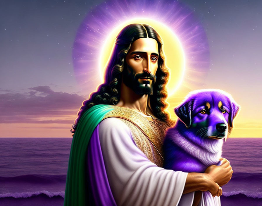 Figure with Aura Holding Dog Against Purple Ocean Sunset