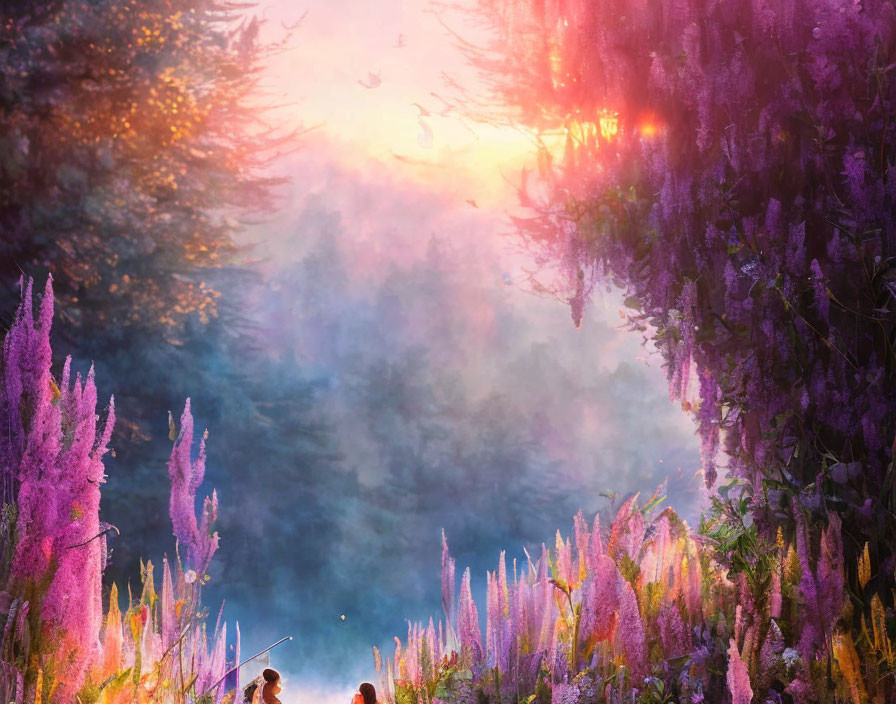 Two individuals surrounded by purple flowers and trees with sunlight filtering through at sunset