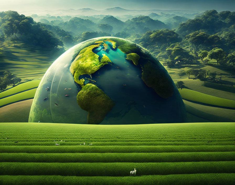 Surreal landscape with giant Earth globe among green hills and fields