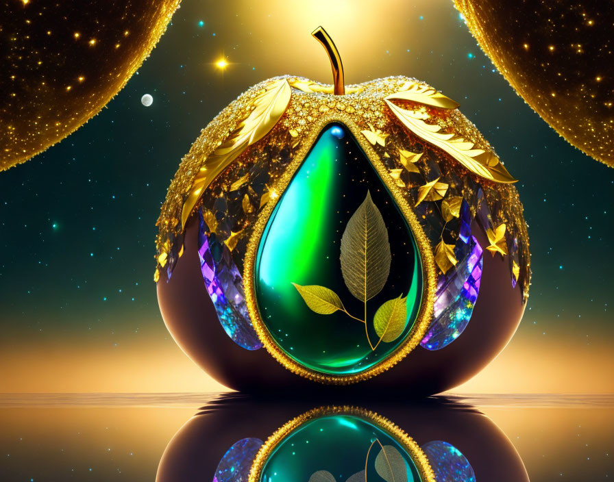 Golden apple with gem-like center under starry night sky