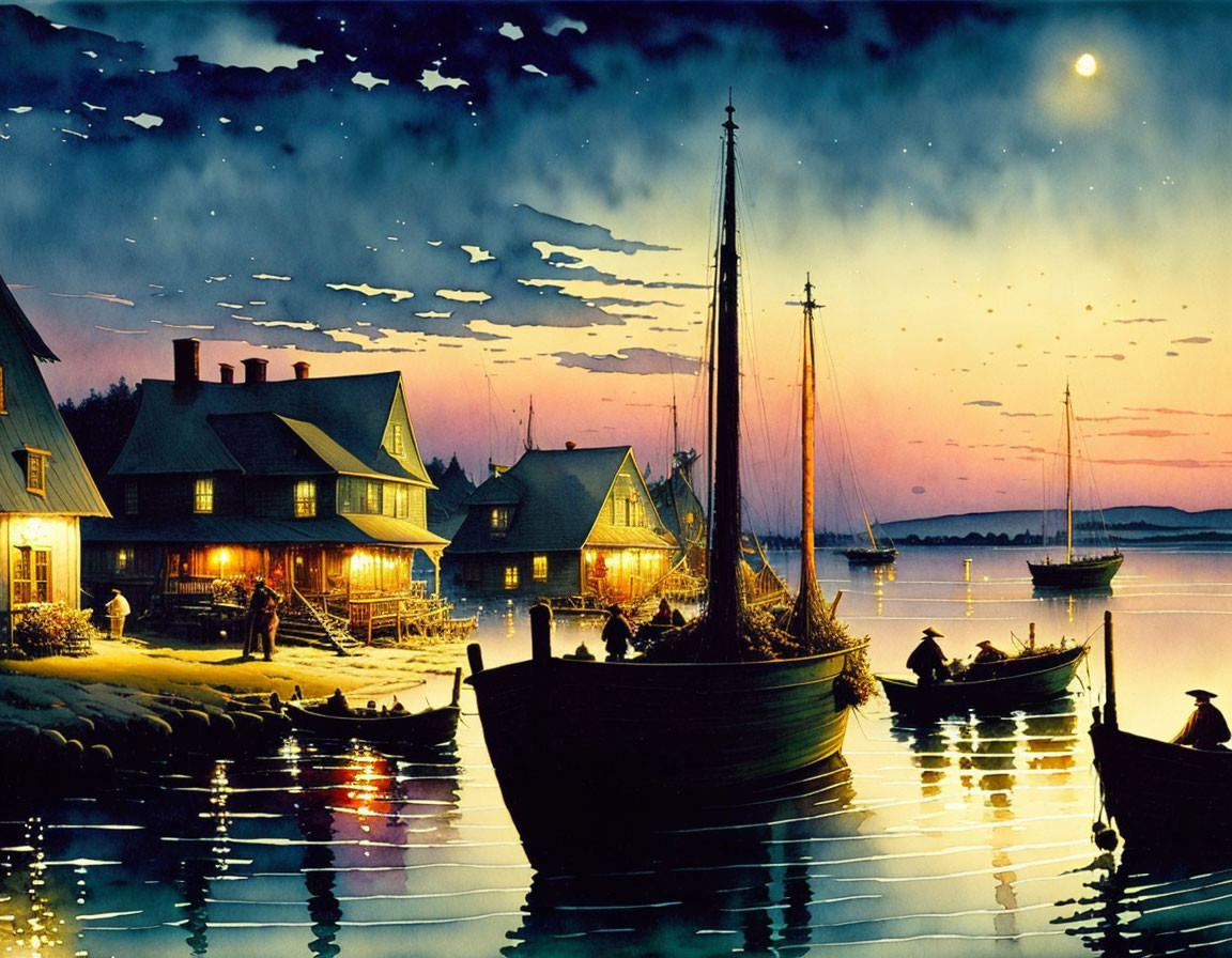 Coastal village twilight scene with boats, houses, people, calm sea, starry sky