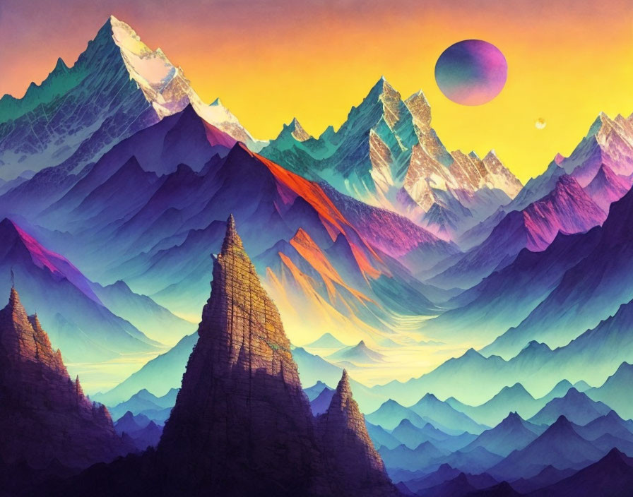 Colorful Stylized Mountain Landscape with Pink and Purple Planet