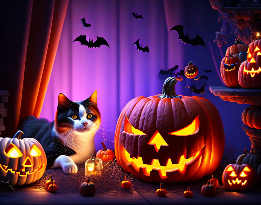 Cat and jack-o'-lantern with pumpkins and bats on purple background