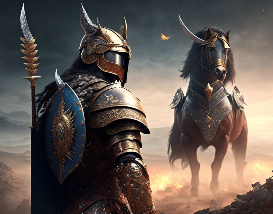 Ornately armored knight and horse on dramatic battlefield landscape