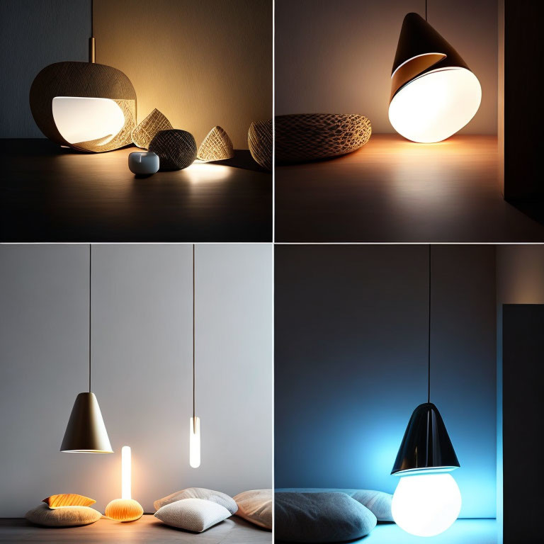 Modern lamps with warm lighting in a cozy interior with stylish designs