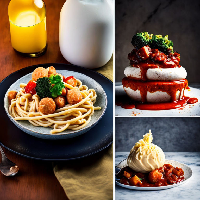 Assorted Gourmet Dishes: Creamy Spaghetti, Stacked Sandwich, Dessert with Ice