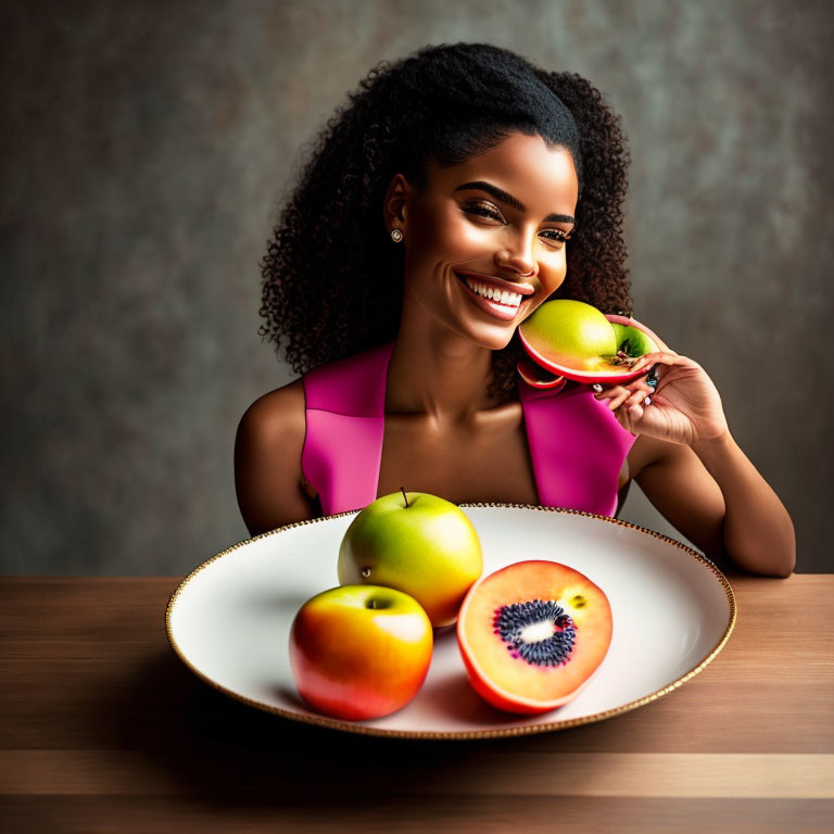 Joyful woman with green apple and colorful fruits in warmly lit setting