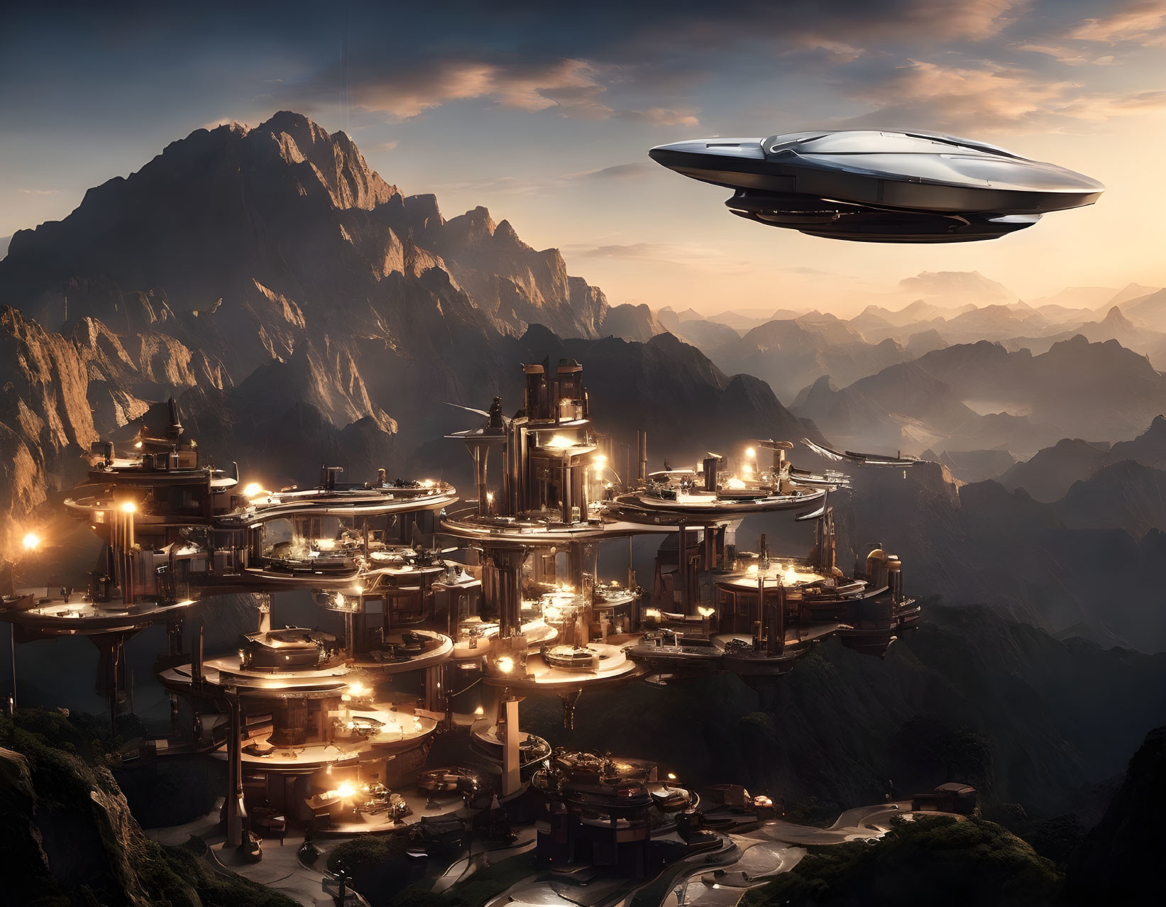 Futuristic mountain city at sunset with illuminated buildings and flying vehicle