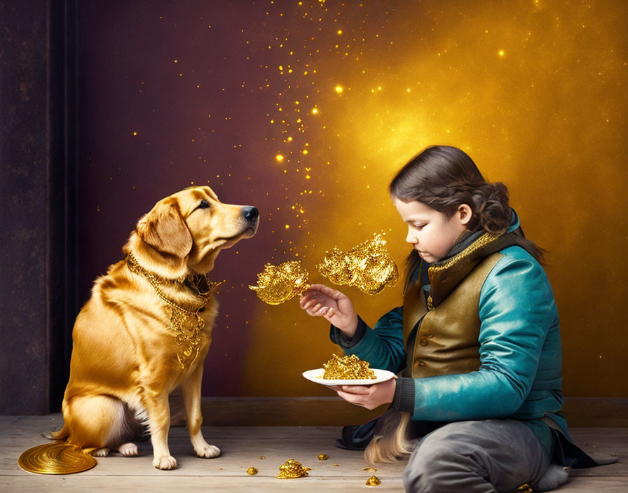 Child and dog share magical moment in golden light.