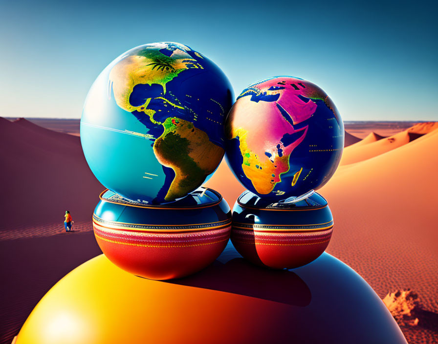 Large globes on spherical stands in desert landscape with figure and blue sky