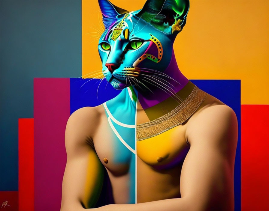 Colorful digital artwork: human figure with cat head, gold jewelry, geometric backdrop
