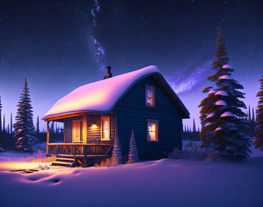 Snowy winter night: Cozy cabin under starry sky