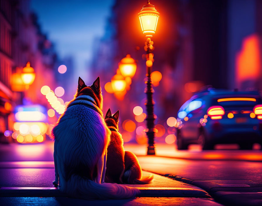 Two Cats Sitting on Road at Night with City Lights and Street Lamp Bokeh