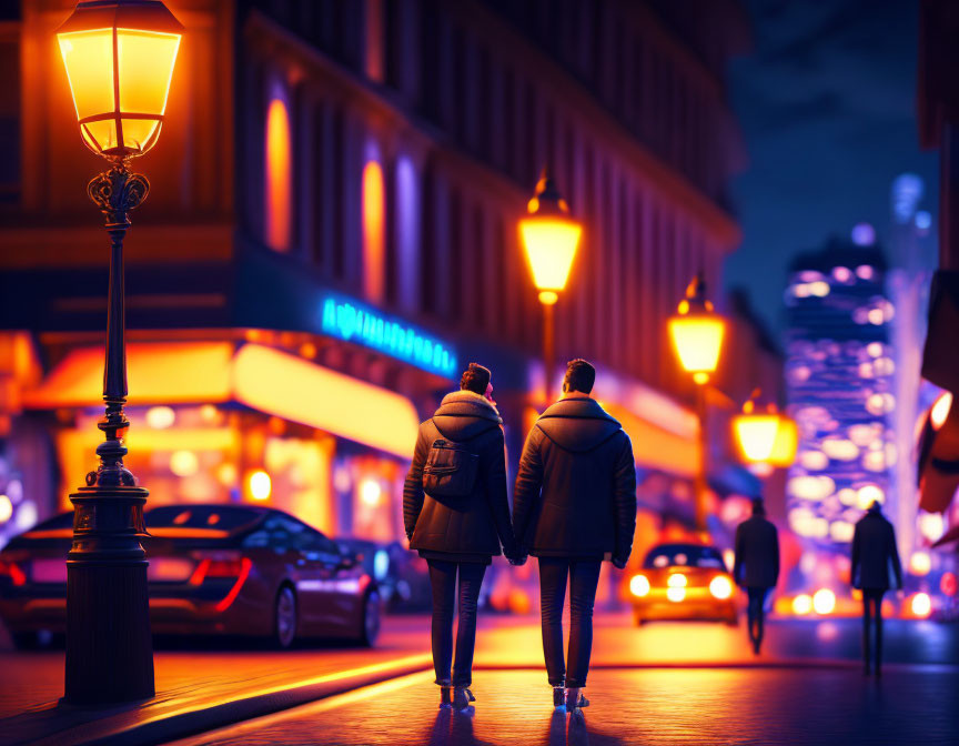 Couple walking at night in city with glowing street lamps