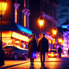 Couple walking at night in city with glowing street lamps