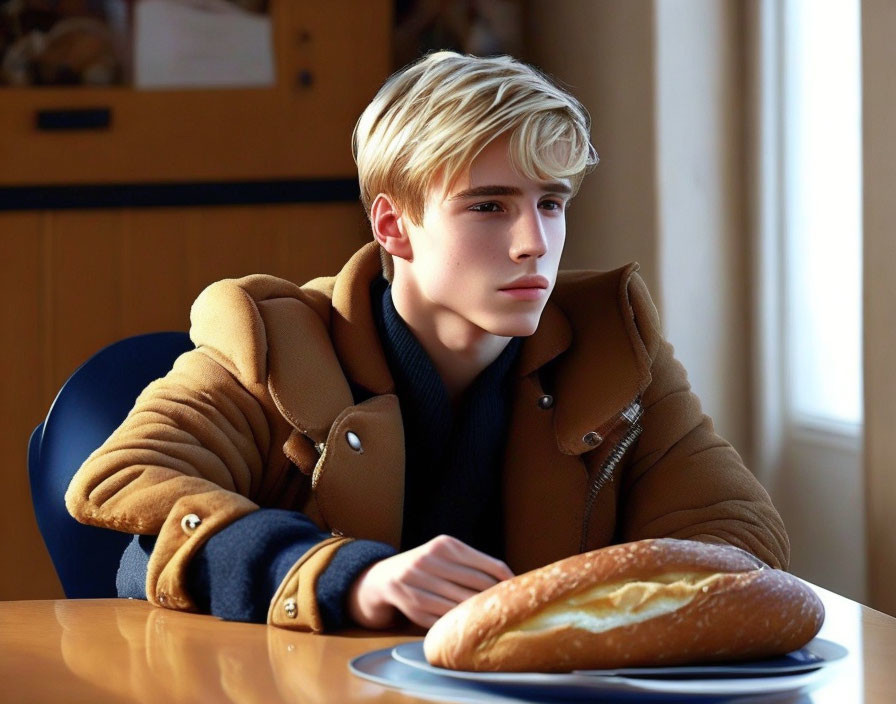 Blond young man in brown coat with bread on blue plate in sunny room