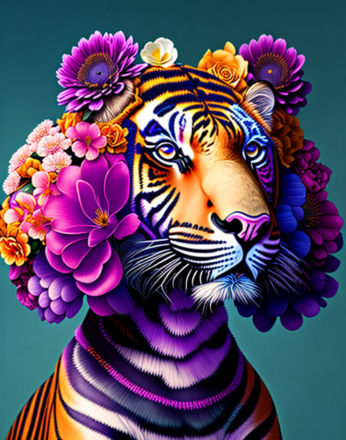 Colorful Tiger Illustration with Floral Headpiece on Teal Background